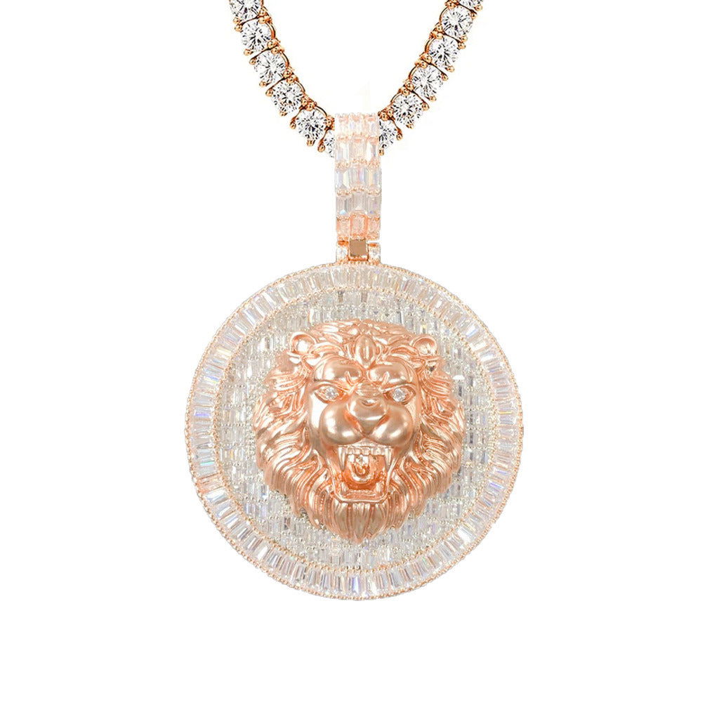 14K Rose Gold Tone 3D Lion Roaring Baguette Mens Pendant - Master of Bling